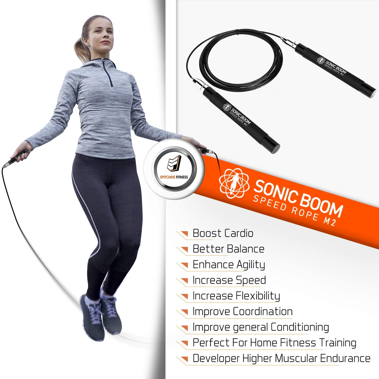 Epitomie Fitness Sonic Boom M2 High Speed Jump Rope - Patent Pending Self-Locking, Screw-Free Design – Weighted, 360 Degree Spin, Silicone Grip with 2 Speed Rope Cables for Home Workout, & More