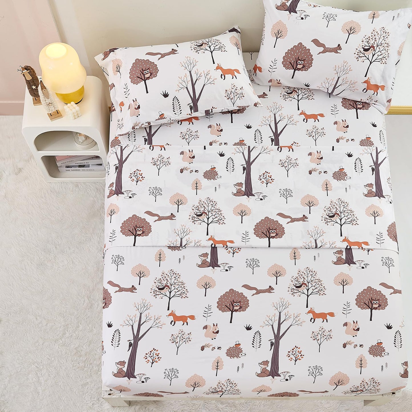 Yibeizi Woodland Forest Kids Sheets Set Twin, Fall Animal Print Bedsheets Camper Themed Microfiber Deep Pocket Bed Sheet & Pillowcase Sets 3 Pieces