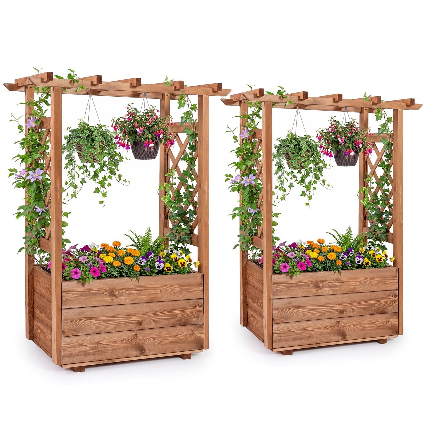 Giantex Raised Garden Bed with Sided Trellis & Roof Set 2, 31”x16”x41” Wood Elevated Planter Box, Freestanding Garden Planter Raised Bed for Flowers Herbs Climbing Vines,Brown