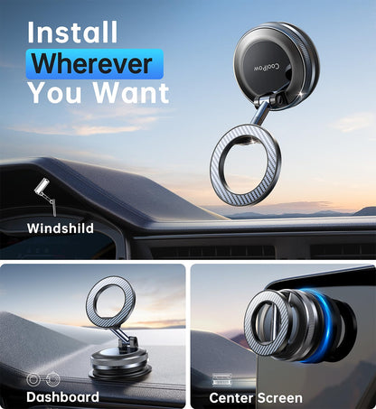 Coolpow【Newest Vacuum Magnetic Phone Holder for Car Phone Holder Mount【Movable Vacuum Suction】Magsafe Car Mount Cell Phone Holders for Your Car Accessories for Women Men for iPhone 17 16(Carbon Fiber)