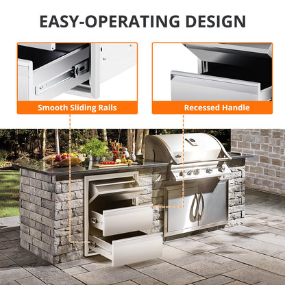 Outdoor Kitchen Access Drawers with Paper Towel Holder,16" W x 21" H x 23"D Stainless Steel Flush Mount BBQ Drawers with Grooved Handle,for Outdoor Kitchen Island or Patio Grill Station,3-Layer