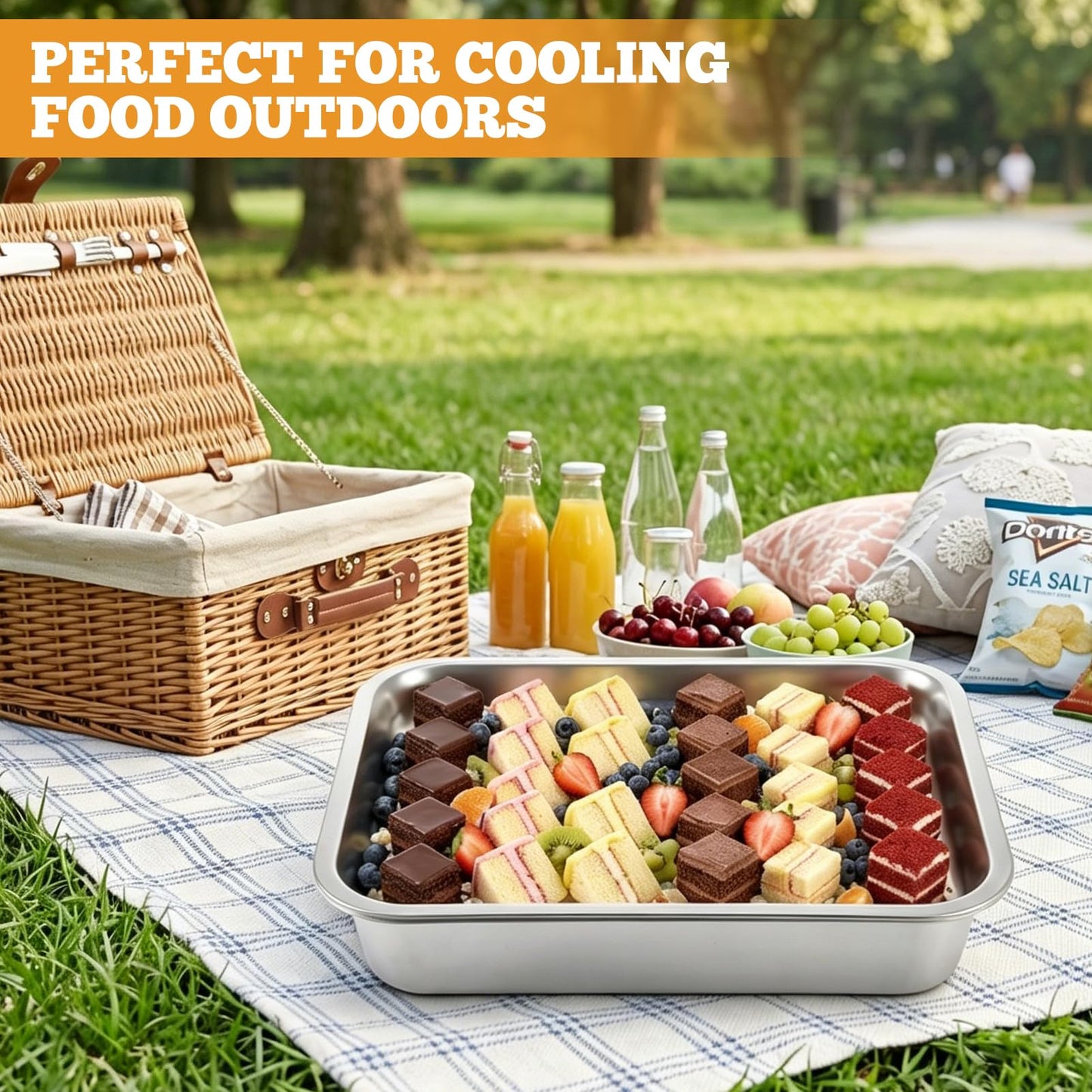 2 Set Stainless Steel Chilled Serving Tray with Compartments 15.7” x 11.8” Ice Chilled Tray Set for Parties Rectangle Veggie Platter Charcuterie Serving Board for Fruit Seafood Appetizer