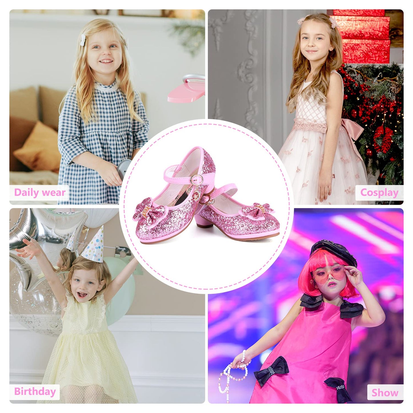 KUWIBY Girl Sandals Glitter Princess Shoes Sequin Party Shoes Bling Bowknot High Heels Wedding Birthday Dress Comfort Bright Diamond Cosplay Dance for Little Girls Christmas Pink