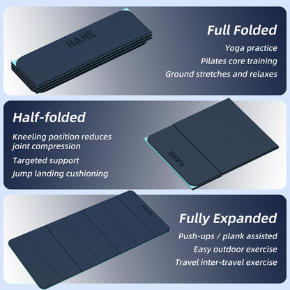HAHE Foldable Yoga Exercise Mat, 74"Lx32"Wx1/3"Thick, TPE Multi-purpose Workout Mats with Non-slip Surface, Portable for Yoga/Pilates/Studio/Home Gym (Navy Blue+Green)