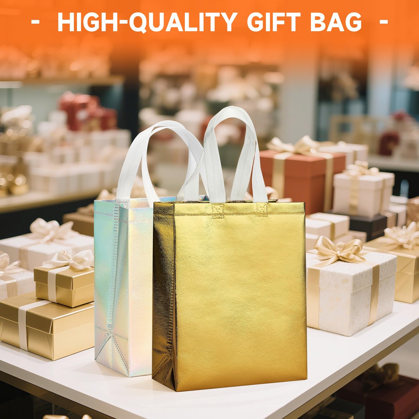 METAPRINT 15 Pcs Iridescent Glossy Gift Bags Medium Size, 8x4x10 Inch Holographic Reusable Gift Bags with Handles & Sturdy Base, Ideal for Birthday, Wedding