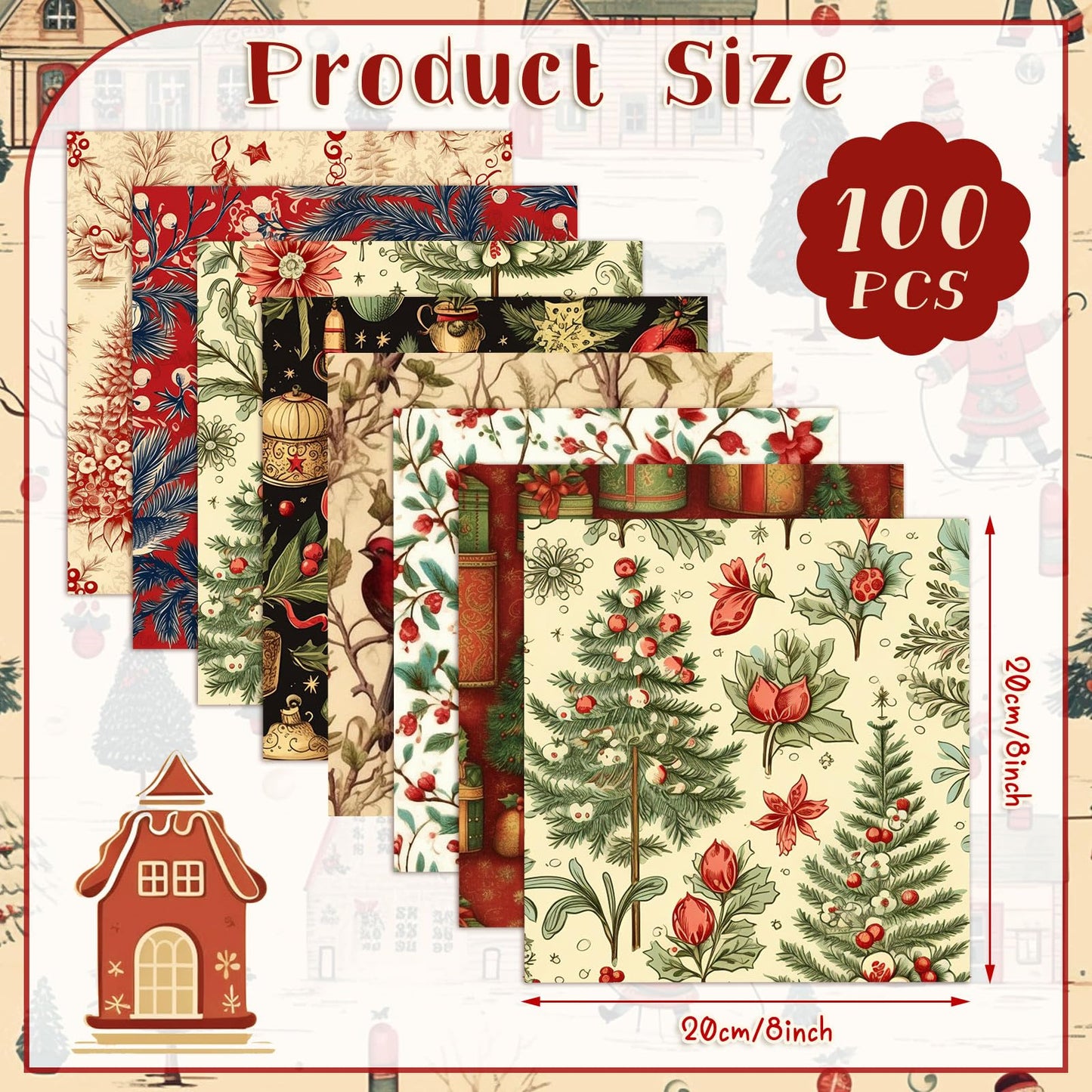 Fanfanwin 100 Pcs 8 x 8 Inch Vintage Christmas Quilting Fabric Christmas Fat Squares Patchwork Strips Santa Red Cardinal Precut Fabric Bundles for Xmas Handmade Crafting DIY Craft Sewing Material