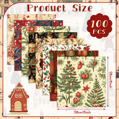 Fanfanwin 100 Pcs 8 x 8 Inch Vintage Christmas Quilting Fabric Christmas Fat Squares Patchwork Strips Santa Red Cardinal Precut Fabric Bundles for Xmas Handmade Crafting DIY Craft Sewing Material