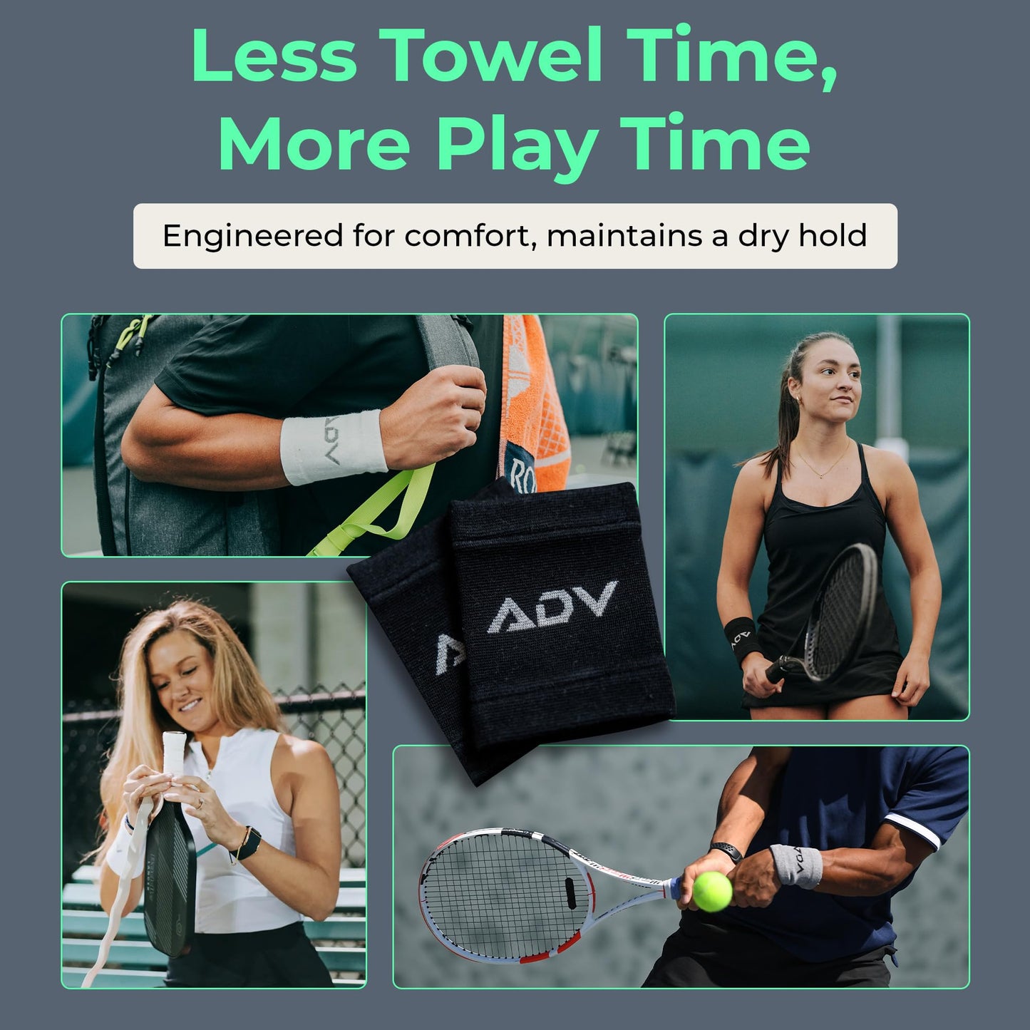 ADV Tennis Wristbands with New Age Polyester Cotton Blend - Ultra Absorbent Wrist Sweatbands - Doublewide & Slim Wrist Bands for Sweat - 4 Pack or 2 Pack (4-Pack Black, M/L)