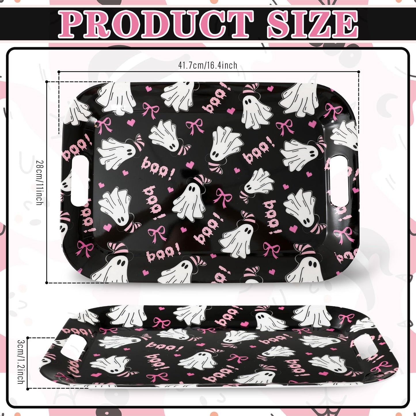 JarThenaAMCS 3Pcs Halloween Ghost Serving Trays 16.4 x 11 Inch Pink Boo Ghost Black Cat Platter with Handles Reusable Serving Dishes for Birthday Party Sharing Snacks Fruit Dessert
