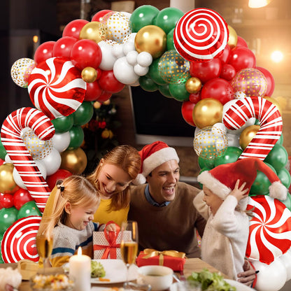 Christmas Balloon Garland Arch Kit, Red Green White Gold Balloons with Large Candy Cane Swirl Mylar Star Foil Balloons for Holiday Xmas Party Decorations