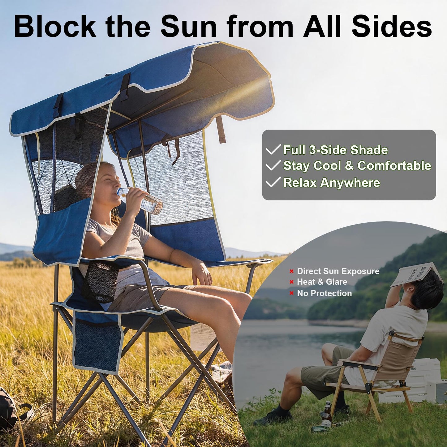 Romswi Folding Canopy Beach Camping Chairs for Adult 2 Pack, Portable Outdoor Chairs with Sunshade,Cup Holder & Side Pocket for Camping, Fishing, Beach, Backyard, Navy