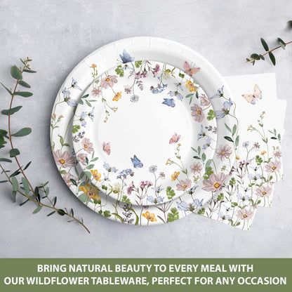 Audree 96 Pcs Wildflower Party Supplies, 24 set Disposable Paper Plates and Napkins for Party Baby Shower, Wedding, Birthday, Perfect for Guests Set Dinner and Dessert Plates, Napkins, Plastic Forks