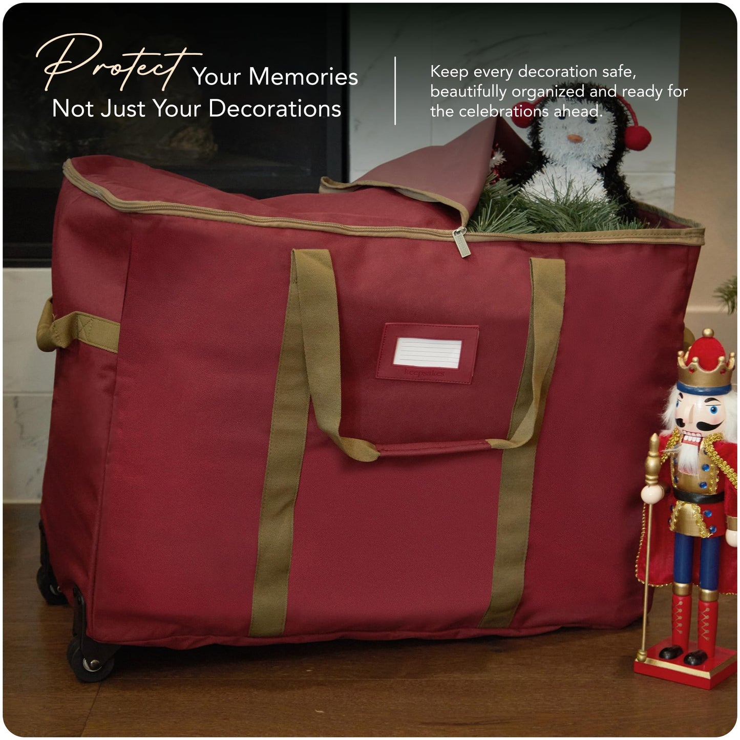 Covermates Keepsakes Rolling Treasurekeeper Storage Bag – Heavy-Duty Polyester with Dual Wheels & Handles – Protects Holiday Decorations with ID Window & Dual Zipper Access, Red