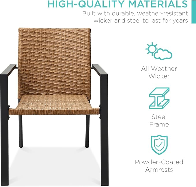 Best Choice Products Set of 2 Stackable Outdoor Wicker Dining Chairs All-Weather Firepit Armchair w/Armrests, Steel Frame for Patio, Deck, Garden, Yard - Natural