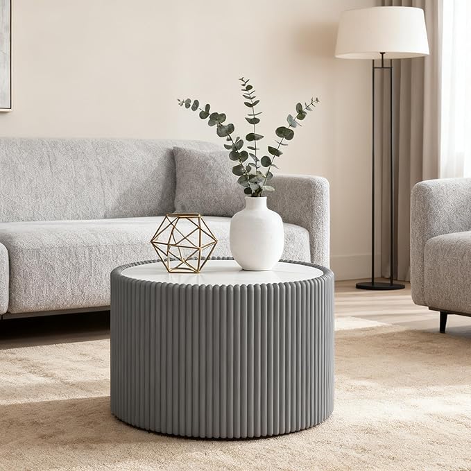 Marble Round Side Table, 17.71" Fluted End Table