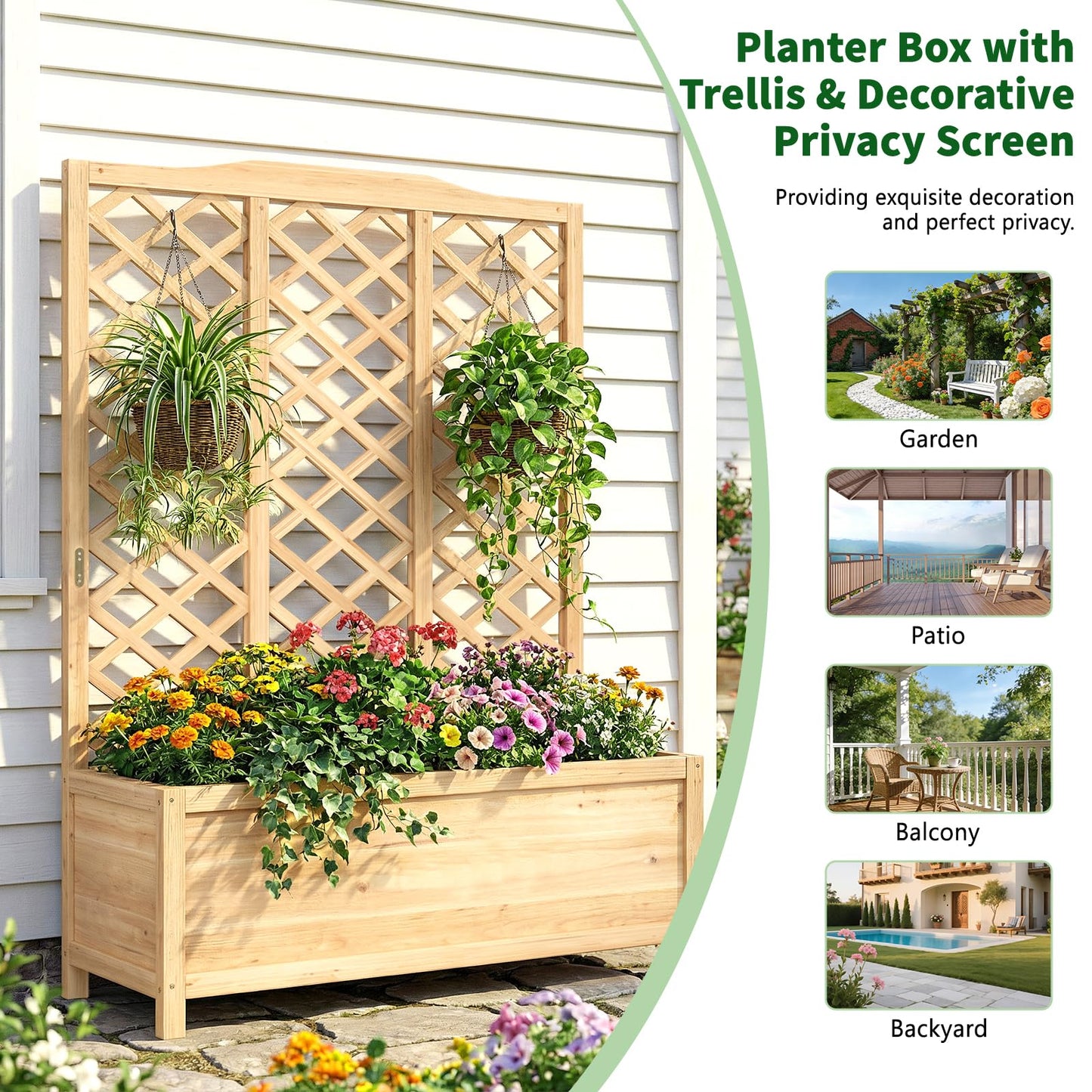UrGROWA Wooden Raised Garden Bed with Trellis, Freestanding Planter Box with Drainage for Vines Climbing Plants Flowers Herbs, Elevated Gardening Planter for Backyard Balcony Patio