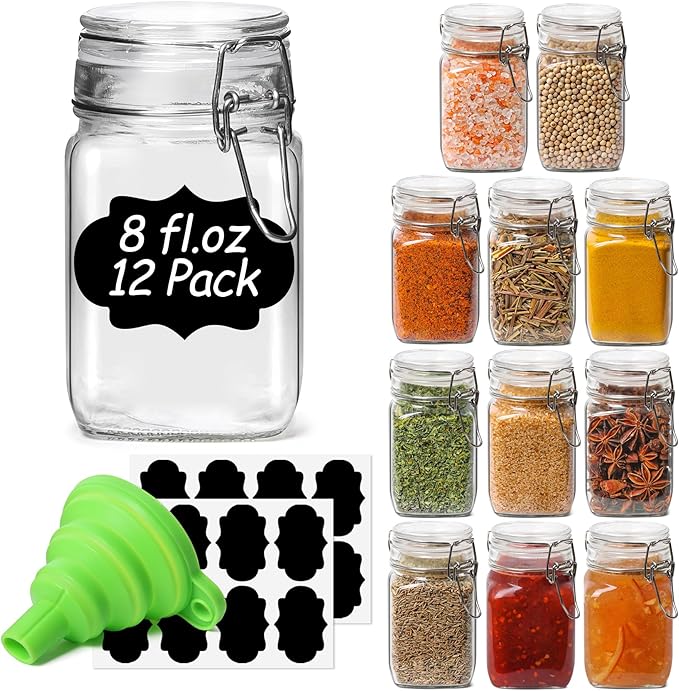 ComSaf Small Glass Jars with Airtight Lid Set of 12, Spice Jars 8 oz, Mason Jar