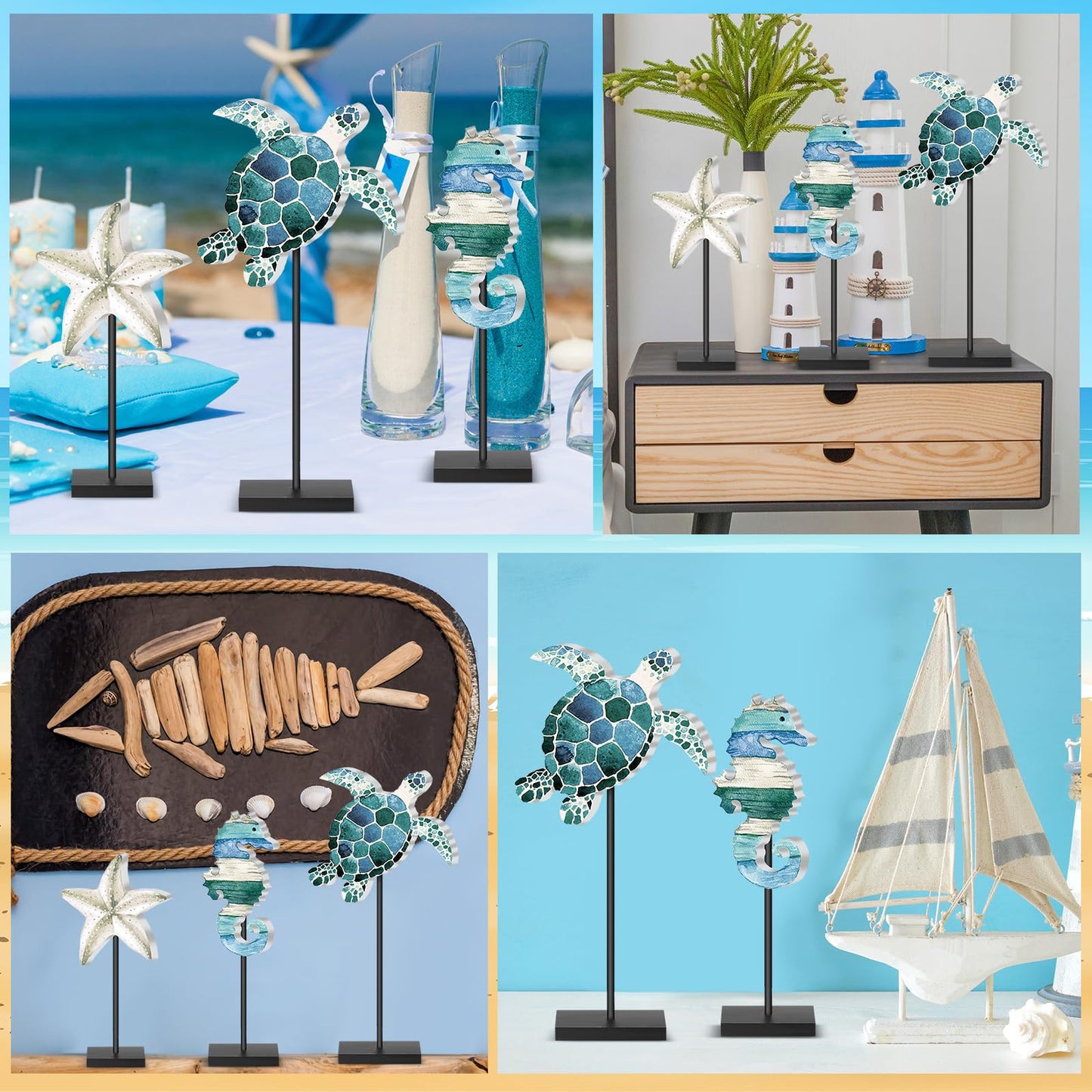 Tradder 3 Pcs Summer Ocean Tabletop Decor Standing Sea Turtle Starfish Seahorse Block Wooden Table Centerpiece Sign Coastal Beach Nautical Table Decor for Home Kitchen