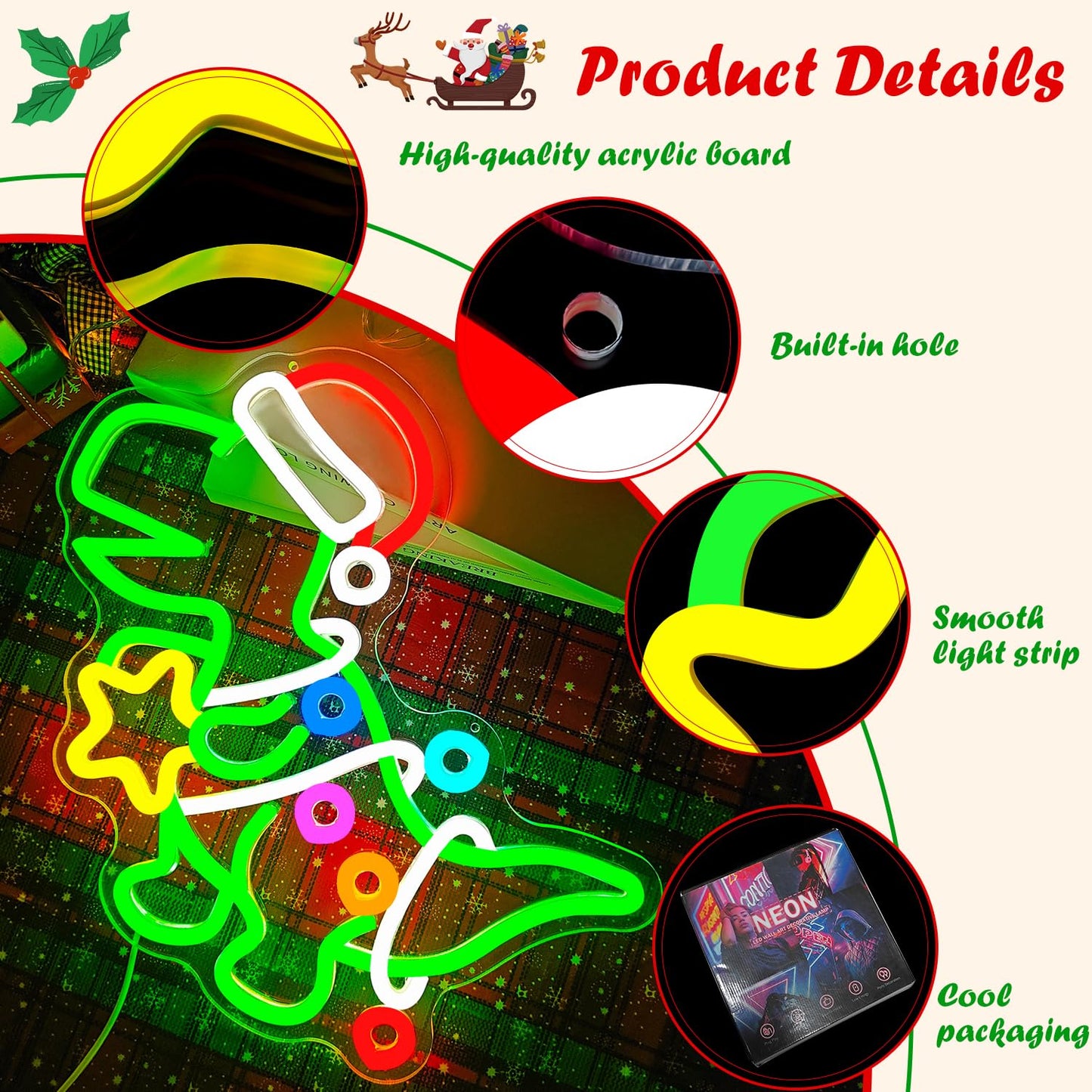 Jeanchrl Christmas Dinosaur Neon Sign Green Dinosaur Ornament LED Sign for Kids Bedroom Dimmable Dino Christmas Light Up Sign for Tree Windows Game Room Unique Neon Wall Art Decorations Gifts for Teens