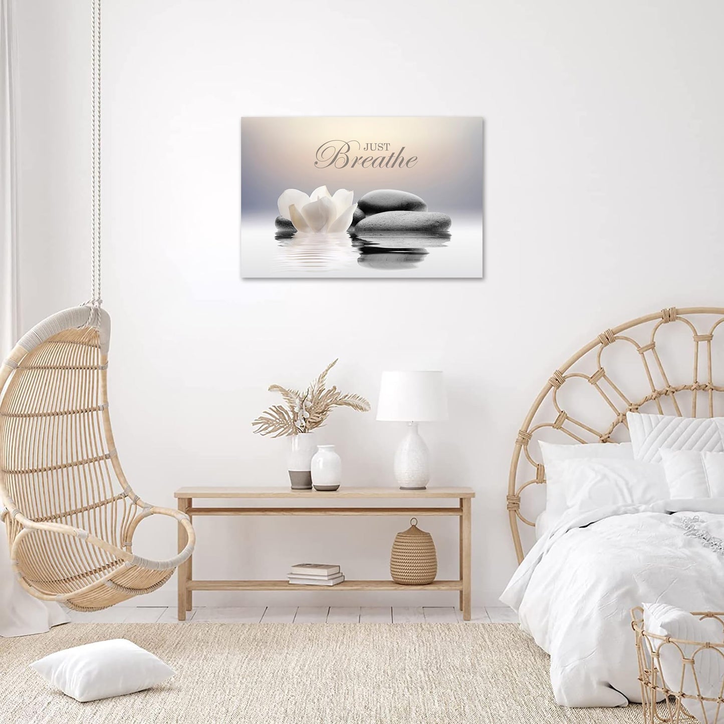Zen Stone Canvas Wall Art Just Breathe Yoga Quotes Poster for Spa Decor White Lotus Flower Pictures Prints for Bathroom Modern Spiritual Artwork Framed (12 x 16inches)