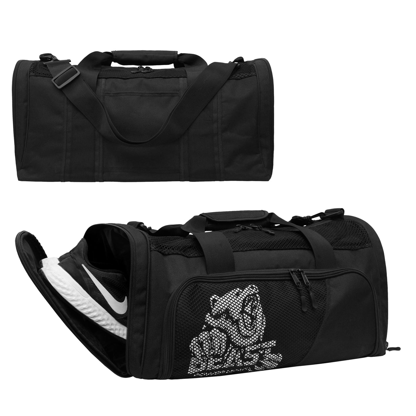 Beast Power Gear Gym Duffle Bag - Workout, Boxing, MMA, Sports Bag with Shoes Compartment and Adjustable Shoulder Strap for Men and Women (Black/White)