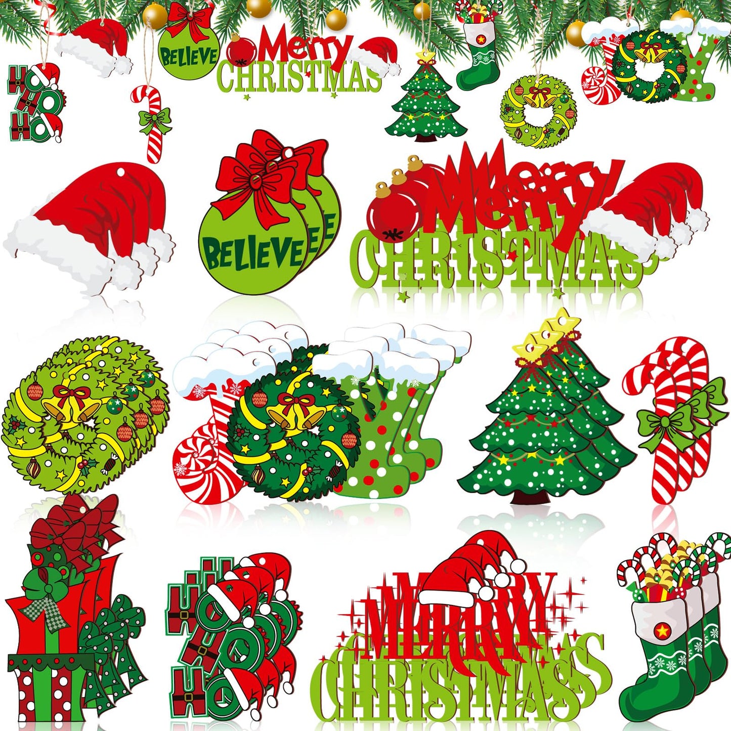 AceOrbit 48 Pcs Christmas Tree Ornaments Lime Green Wood Christmas Tree Ornaments with Rope Xmas Wood Cutouts Hanging Decorations Gift Box Santa Hats Candy Canes for Xmas Wreaths Home Winter Decor
