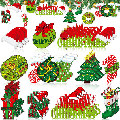 AceOrbit 48 Pcs Christmas Tree Ornaments Lime Green Wood Christmas Tree Ornaments with Rope Xmas Wood Cutouts Hanging Decorations Gift Box Santa Hats Candy Canes for Xmas Wreaths Home Winter Decor
