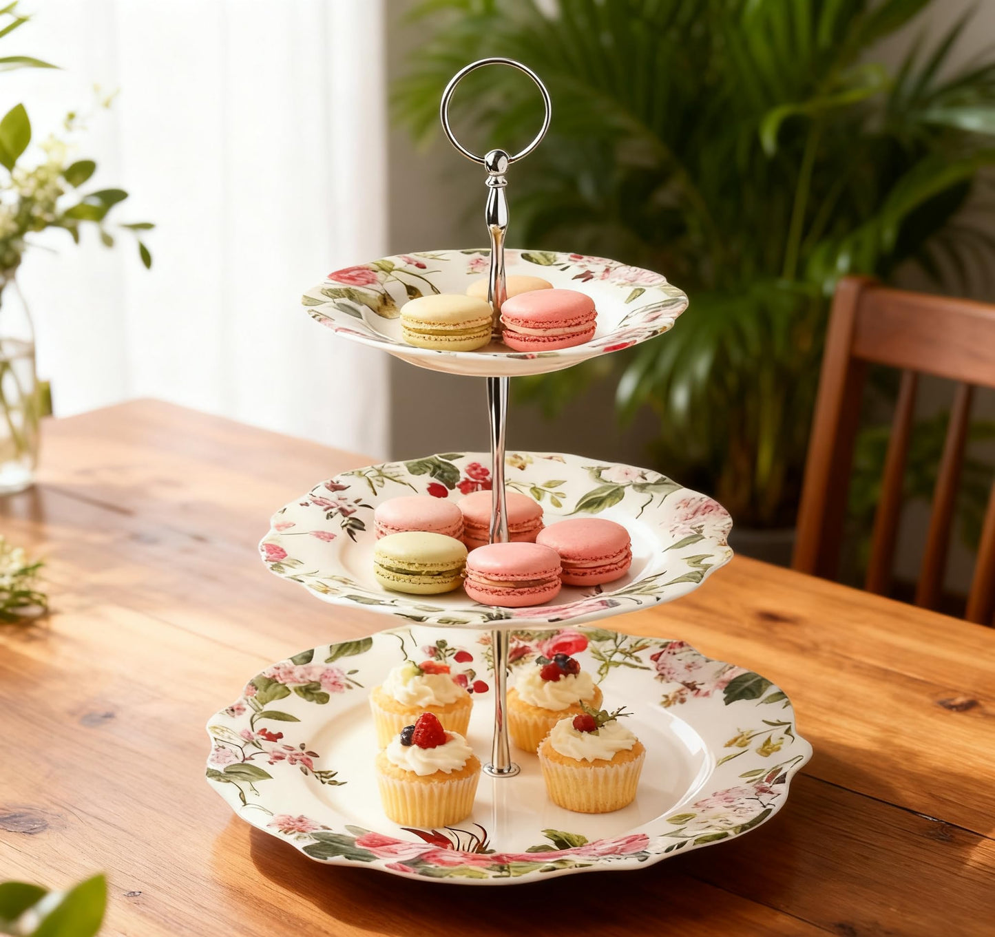 3-Tier 13.5 Inches Big Round White Porcelain Cakes Fruit Stand Plates, Cupcakes Serving Display Set, Ceramic Pastry Dessert Appetizer Candy Buffet Tray Towers Platter for Wedding Home Party - Flowers