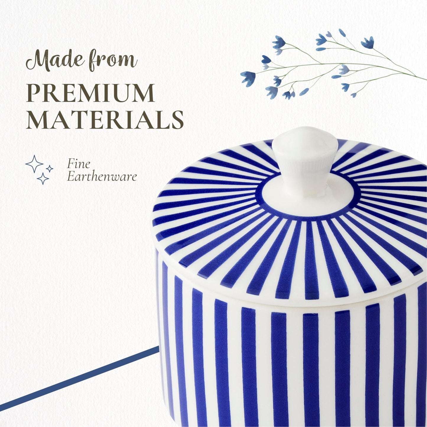 Spode Steccato Covered Sugar Bowl - 10 Ounce Earthenware Container with Lid, Cobalt Blue Striped Design, Microwave Dishwasher Freezer & Oven Safe - Ideal for Afternoon Tea & Gifting