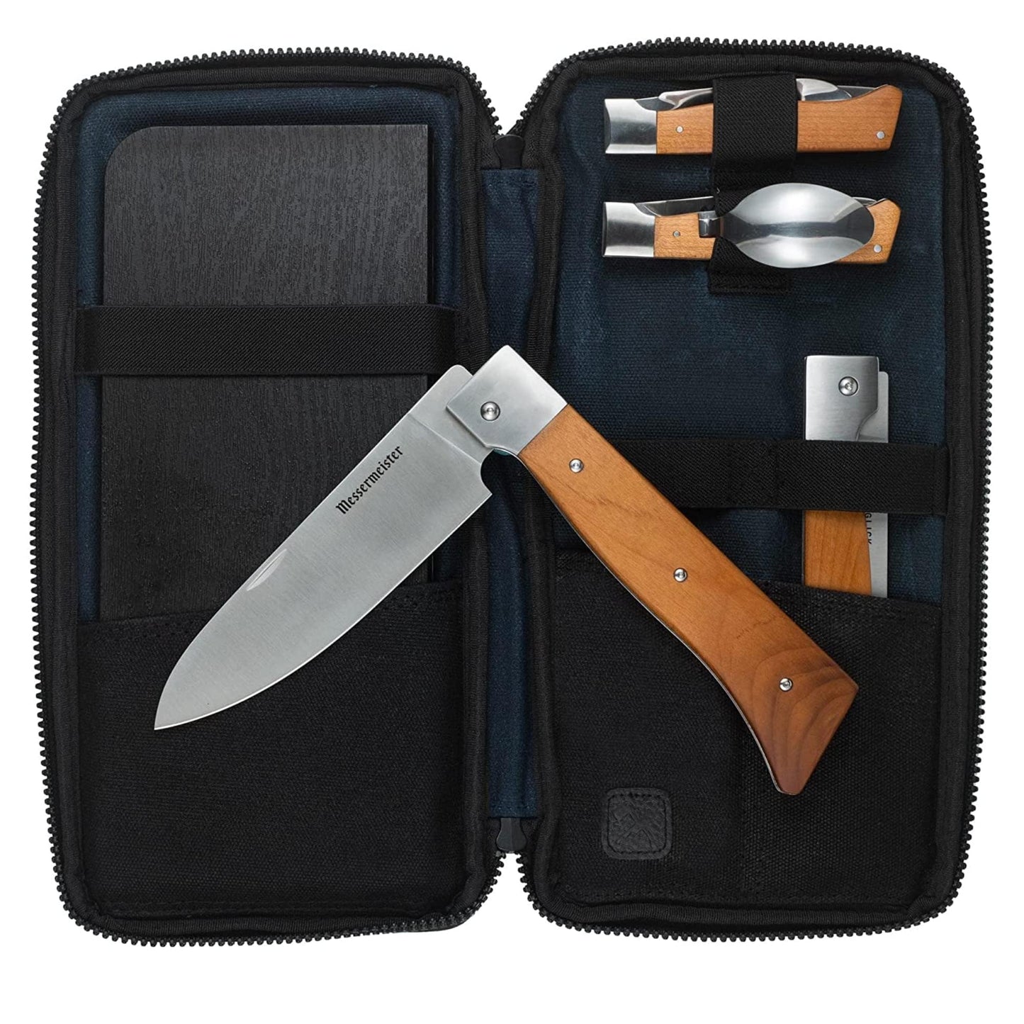 Messermeister Adventure Chef Summit Set, Carbonized Maple - Folding 6” Chef’s Knife, 6” Fillet Knife, Steak Knife, Fork & Spoon, Peeler & Parer, TPE Cutting Board + Waxed Canvas Case