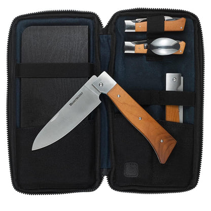 Messermeister Adventure Chef Summit Set, Carbonized Maple - Folding 6” Chef’s Knife, 6” Fillet Knife, Steak Knife, Fork & Spoon, Peeler & Parer, TPE Cutting Board + Waxed Canvas Case