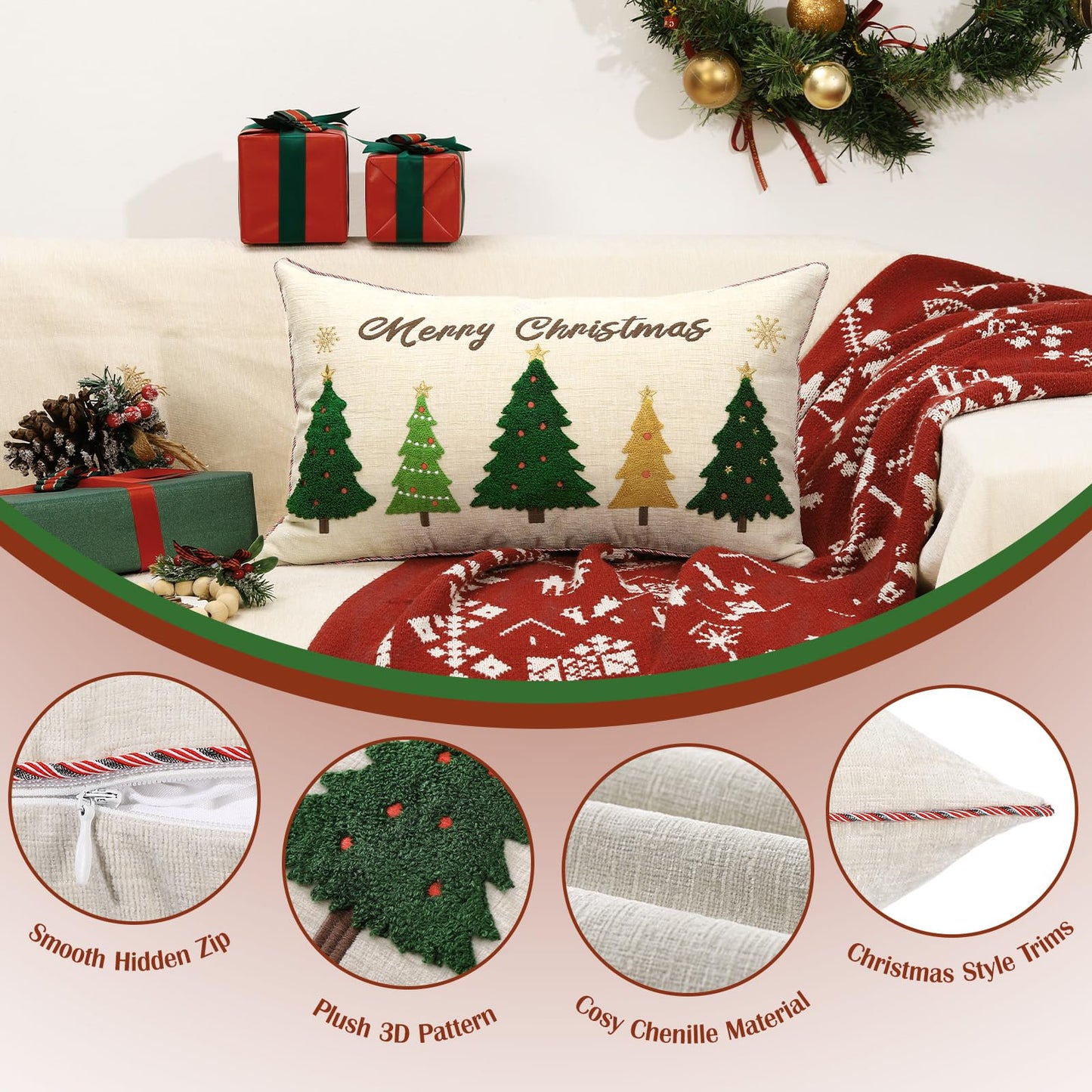 Lewondr 12x20 Inch Christmas Throw Pillow Cover, Christmas Decorative Pillow Case with Embroidered Xmas Tree, Throw Pillowcase Cushion Cover Xmas Decor for Bed Home Decor Living Room (1PCS)