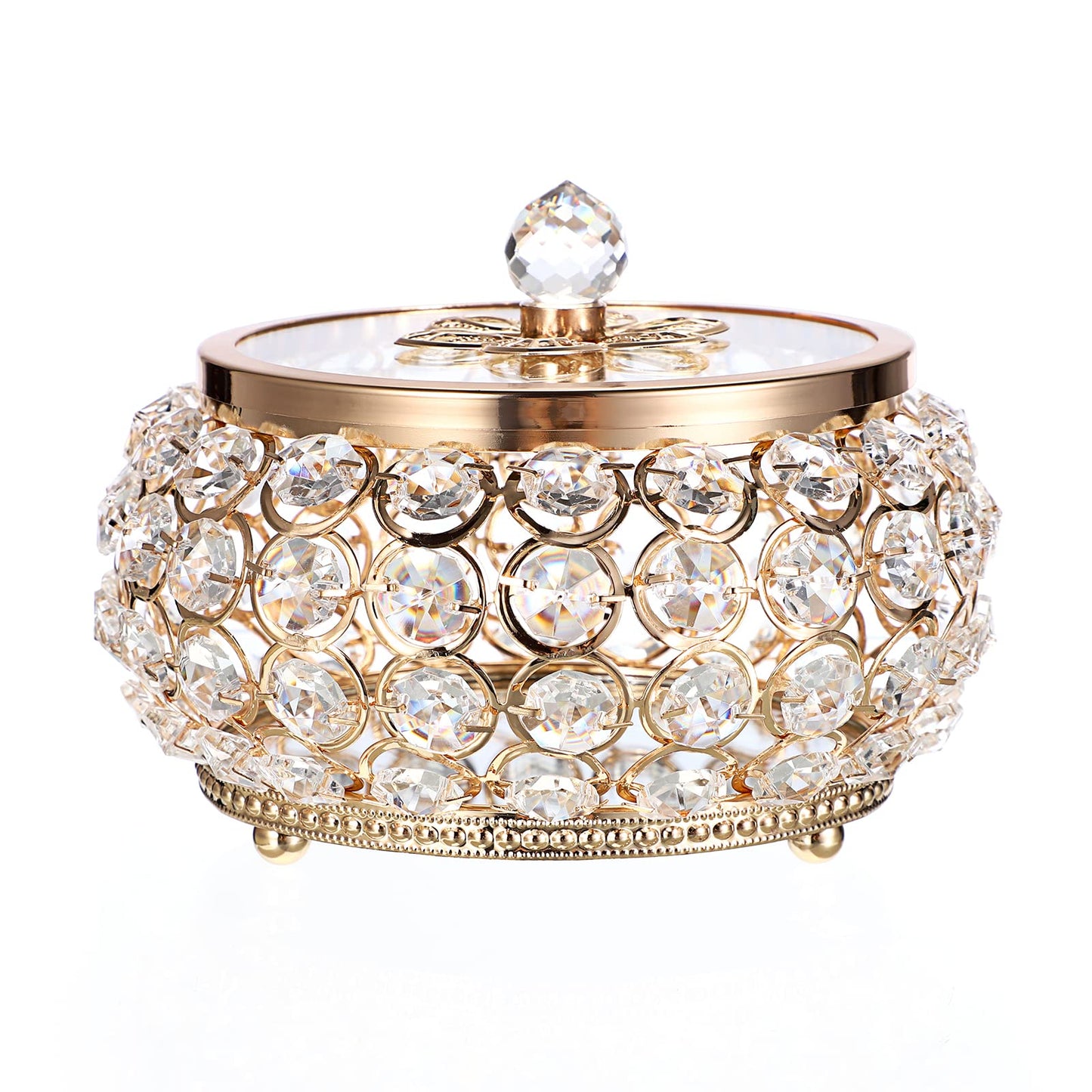 Hipiwe Crystal Jewelry Trinket Box with Glass Lid Large Gold Mirrored Treasure Box Decorative Jewelry Box Ring Earrings Necklace Storage Keepsake Box Gift for Women
