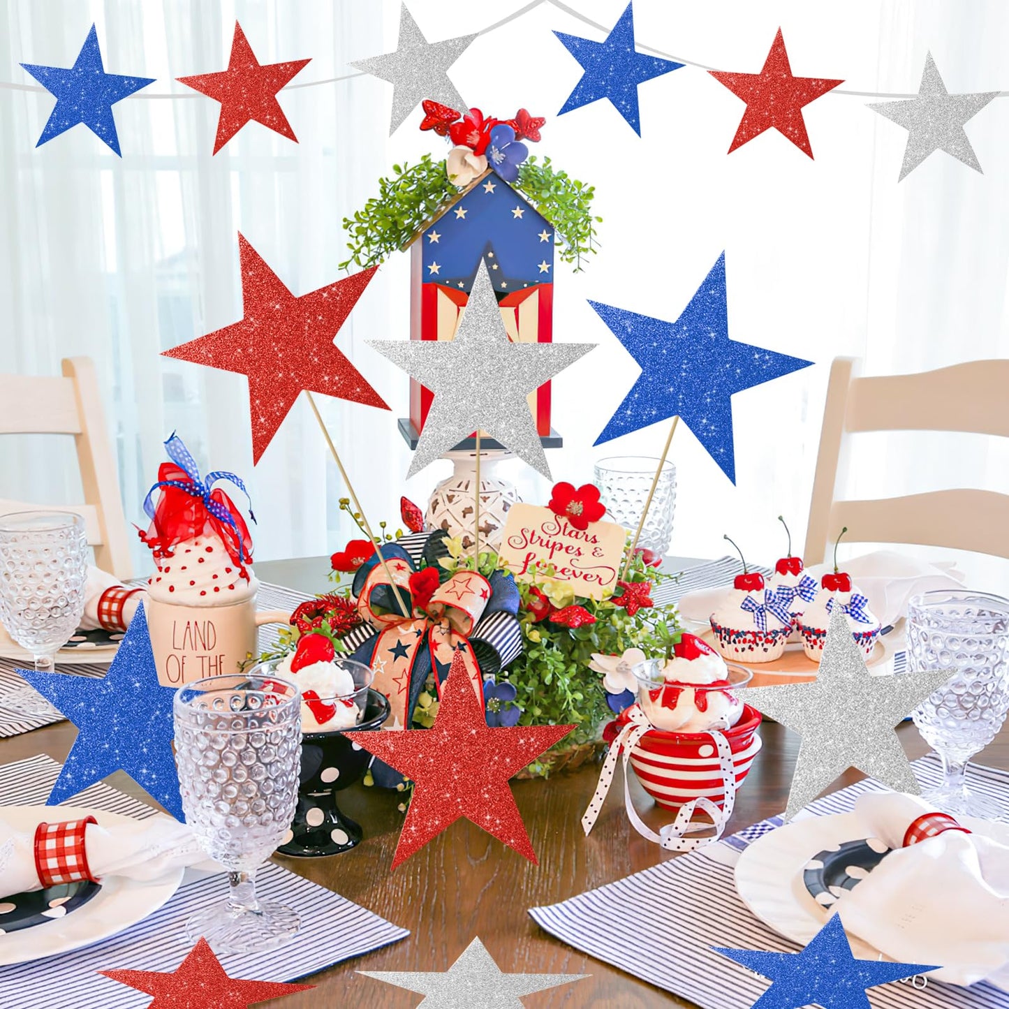 60 Pcs Patriotic Star Cutouts Double Printed Paper Star Confetti Cutouts for 4th of July Decoration Bulletin Board Classroom Wall Decoration,6 Inches (Red, Blue, Silver)