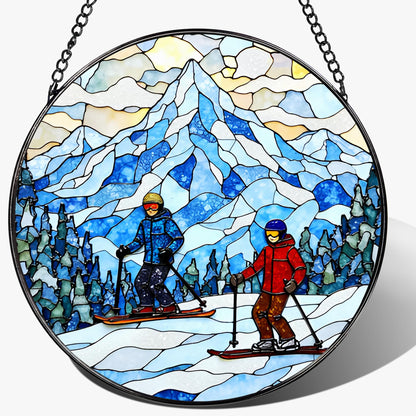 LAOWEIKI 8'' Snowy Mountain Skiers Sun Catcher Ornament, Stained Glass Window Hanging, Sun Catchers for Windows Hanging Ornaments, Window Decor | Ideal Gift, Gift Exchange, Gifts for Skiers