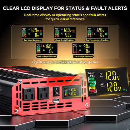 3000 Watts Power Inverter 12V DC to 110V/120V AC Converter Peak Power 6000W Car Inverter with LCD Display, 2 AC Outlets, 3.1A USB Port for RV, Camping,Truck, Boat, Off-Grid Solar System