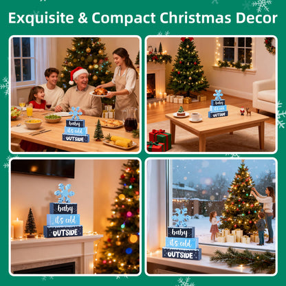 4 Pcs Christmas Wooden Tiered Tray Decor, Snowflake Baby It's Cold Outside Christmas Decorations Gifts for Home, Winter Table Centerpiece for Xmas Party Kitchen Office