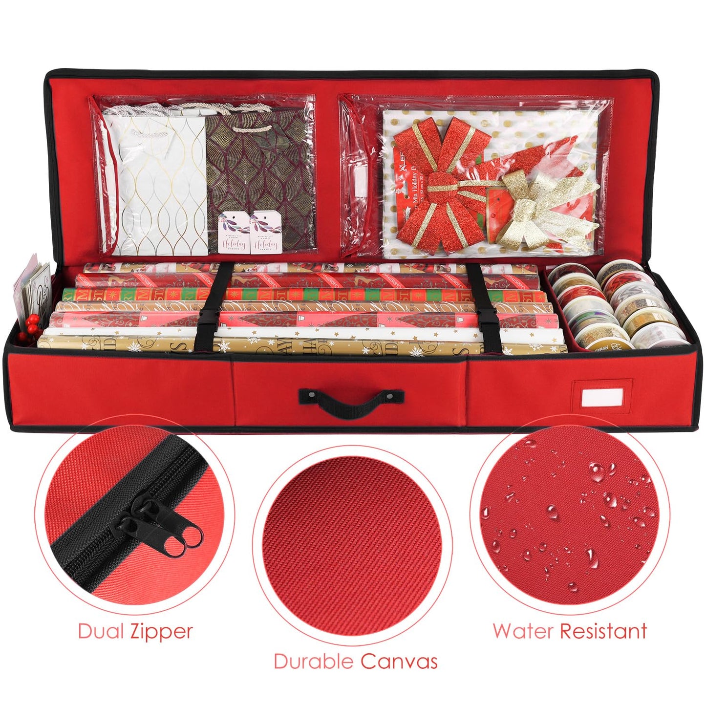 Hearth & Harbor Wrapping Paper Storage Container - Christmas Storage Bag with Interior Pockets - Gift Wrap Organizer Fits Up to 22 Rolls of 40" - Tear Proof, Red
