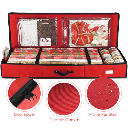 Hearth & Harbor Wrapping Paper Storage Container - Christmas Storage Bag with Interior Pockets - Gift Wrap Organizer Fits Up to 22 Rolls of 40" - Tear Proof, Red