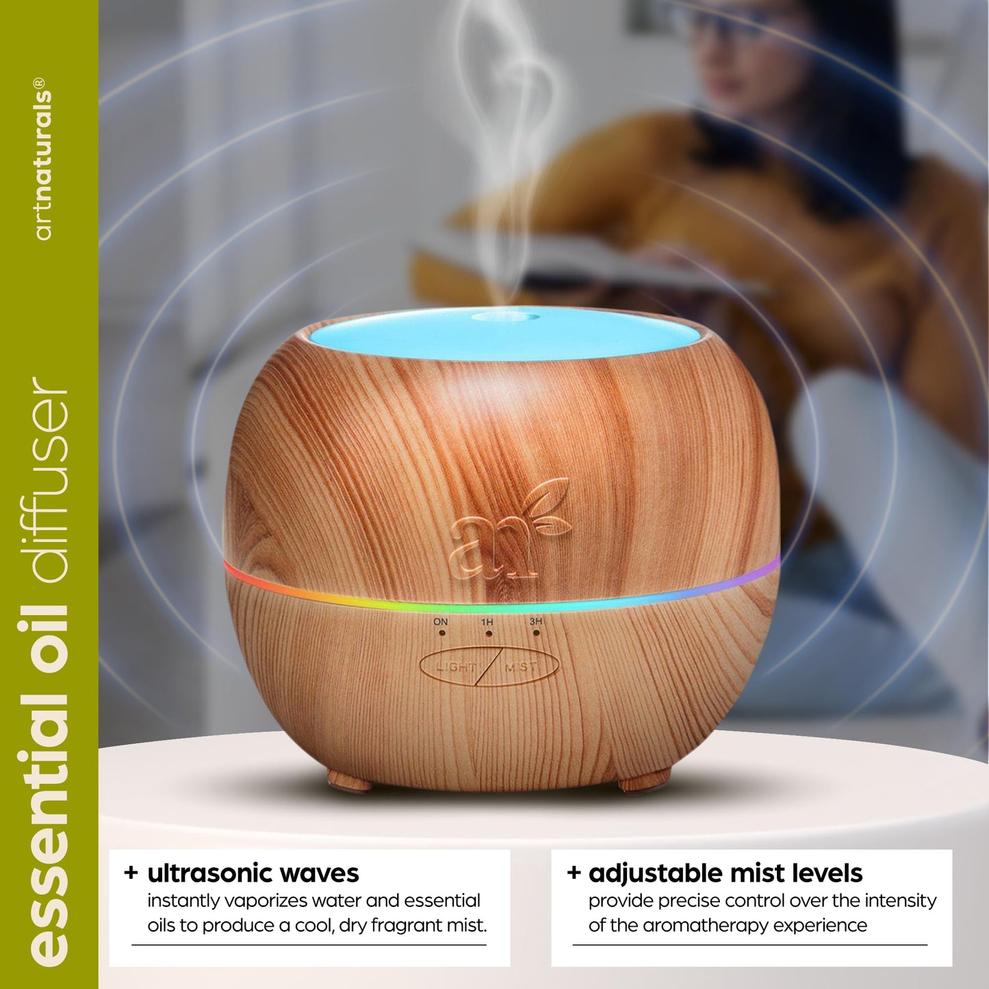 ArtNaturals Aromatherapy Essential Oil Diffuser –(5.0 Fl Oz / 150ml Tank) / Ultrasonic Cool Mist Aroma Humidifier - Adjustable Mist Mode, Auto Shut-Off Whisper Quiet and 7 Color LED Lights