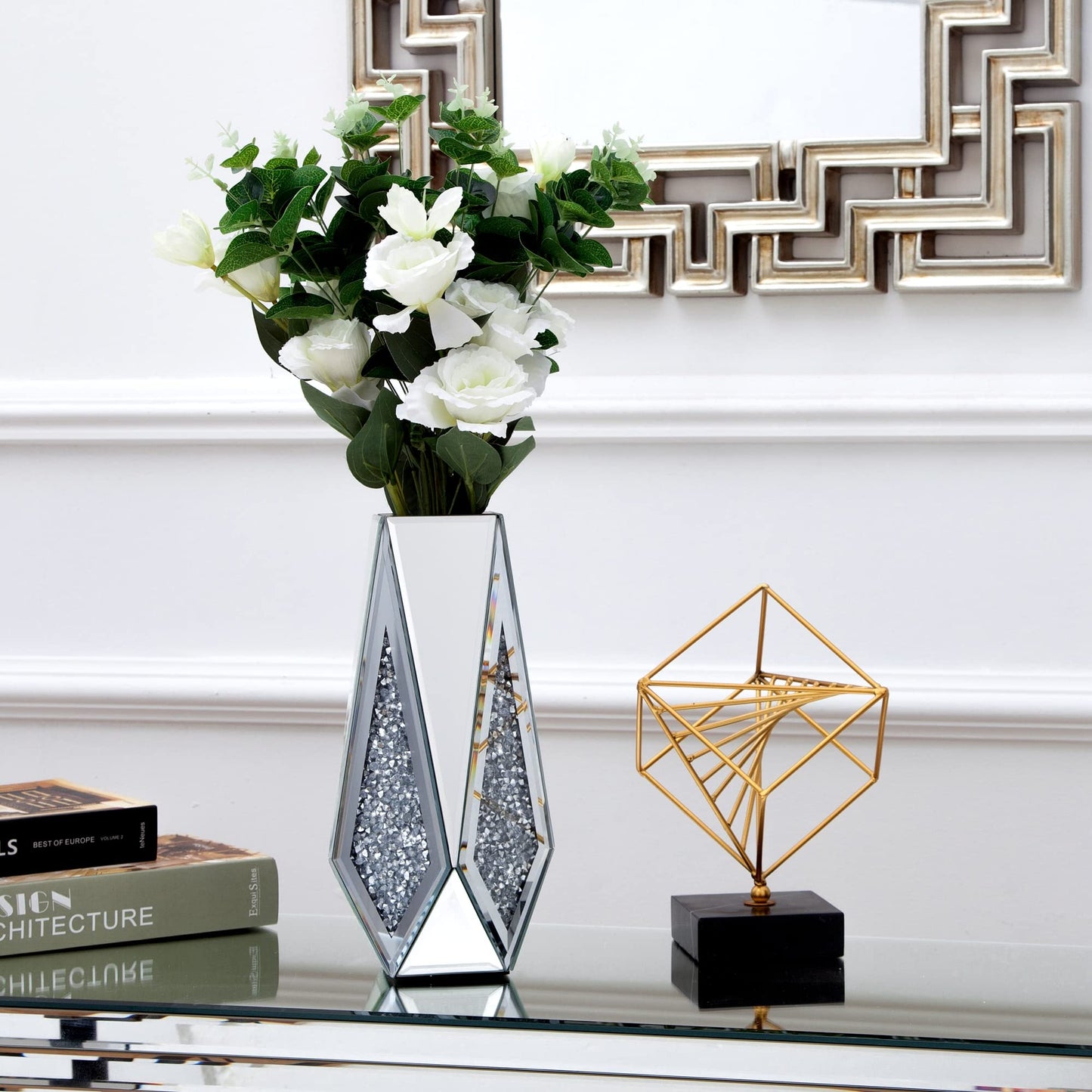SHYFOY Crushed Diamond Flower Mirror Vase Silver Crystal Glass Vase Mirrored Decorative Flower Vases for Living Room Home Decor, 12" H, Can’t Hold Water