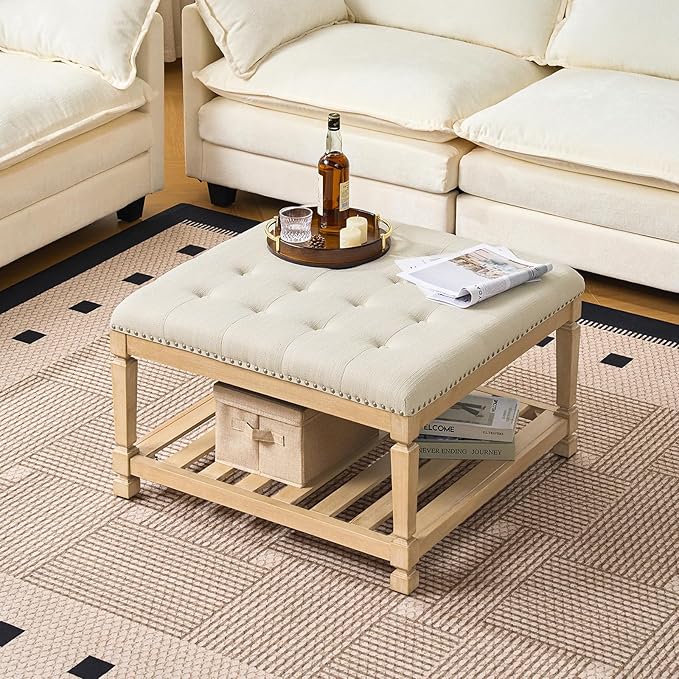 Befurtori Large Square Ottoman Coffee Table, Linen Solid Upholstered Footrest