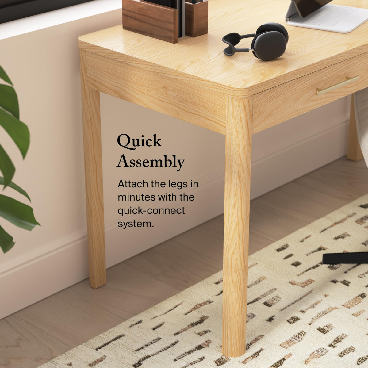 Bush Home Vera 54W Writing Desk with Upholstered Barrel Office Chair, Home Office Furniture, Vera Collection, Natural White Oak and Light Cream Fabric