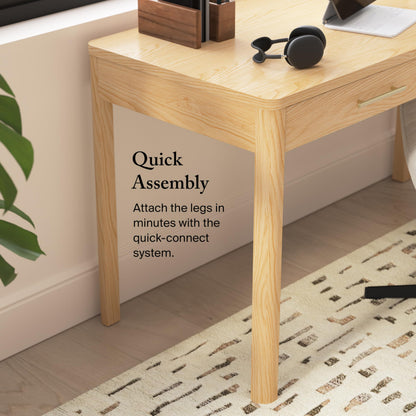 Bush Home Vera 54W Writing Desk with Upholstered Barrel Office Chair, Home Office Furniture, Vera Collection, Natural White Oak and Light Cream Fabric