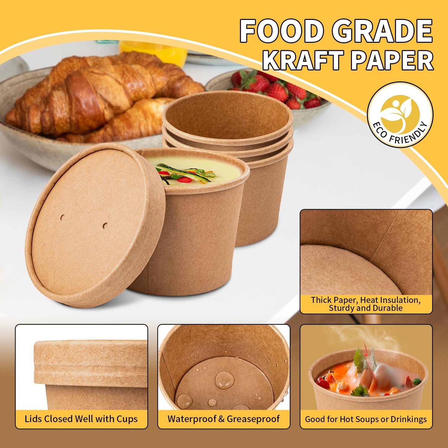 PakTalk 50 Pack Soup Containers with Lids, Disposable and Biodegradable Ice Cream Cups Kraft 12oz Paper Soup Bowls with Lids for Hot Drinking, Food, and Ice Cream (50 sets, 12 oz)
