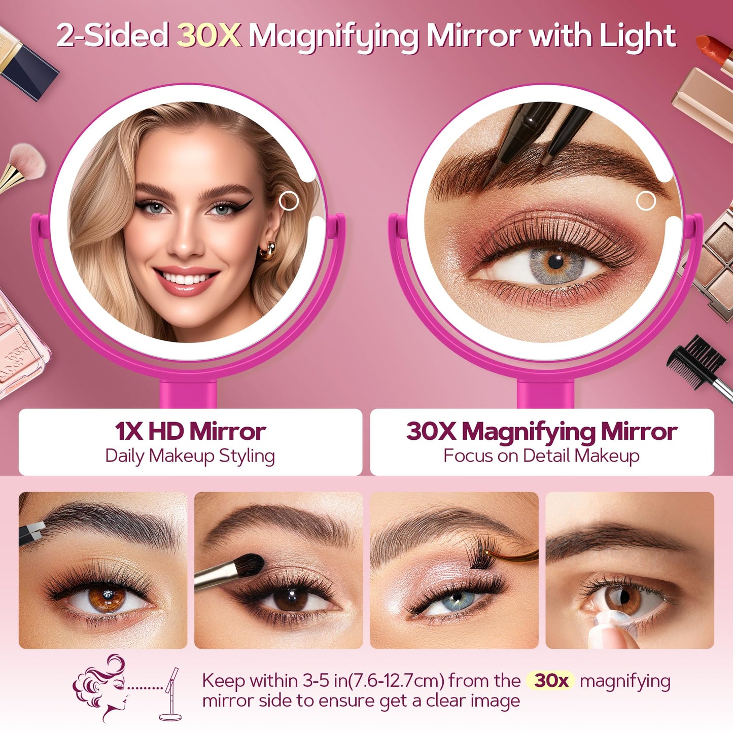 B Beauty Planet Makeup Mirror with Lights, Lighted Magnifying Mirror 30X with 3 Lighting and Adjustable Brightness, 2-Sided Height Adjustable Vanity Mirror for Bathroom, Gifts for Women White