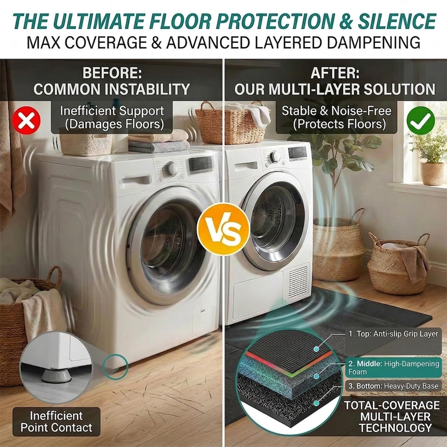Foldable High-Density Washer Dryer Mat, 68 x 29.5 in, Noise Reduction Anti-Vibration Mat, Waterproof & Non-Slip, Floor Protection – Ideal for Late-Night Laundry & Pet-Friendly Homes