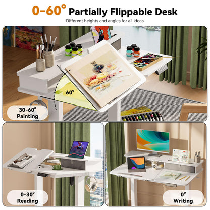 40 Inch Standing Desk, 60° Tiltable Electric Drafting Table Height Adjustable, Foldable Mobile Rising Desk with Drawer, Storage Shelf, Flippable Art Table on Wheels for Kids’ Drawing, White