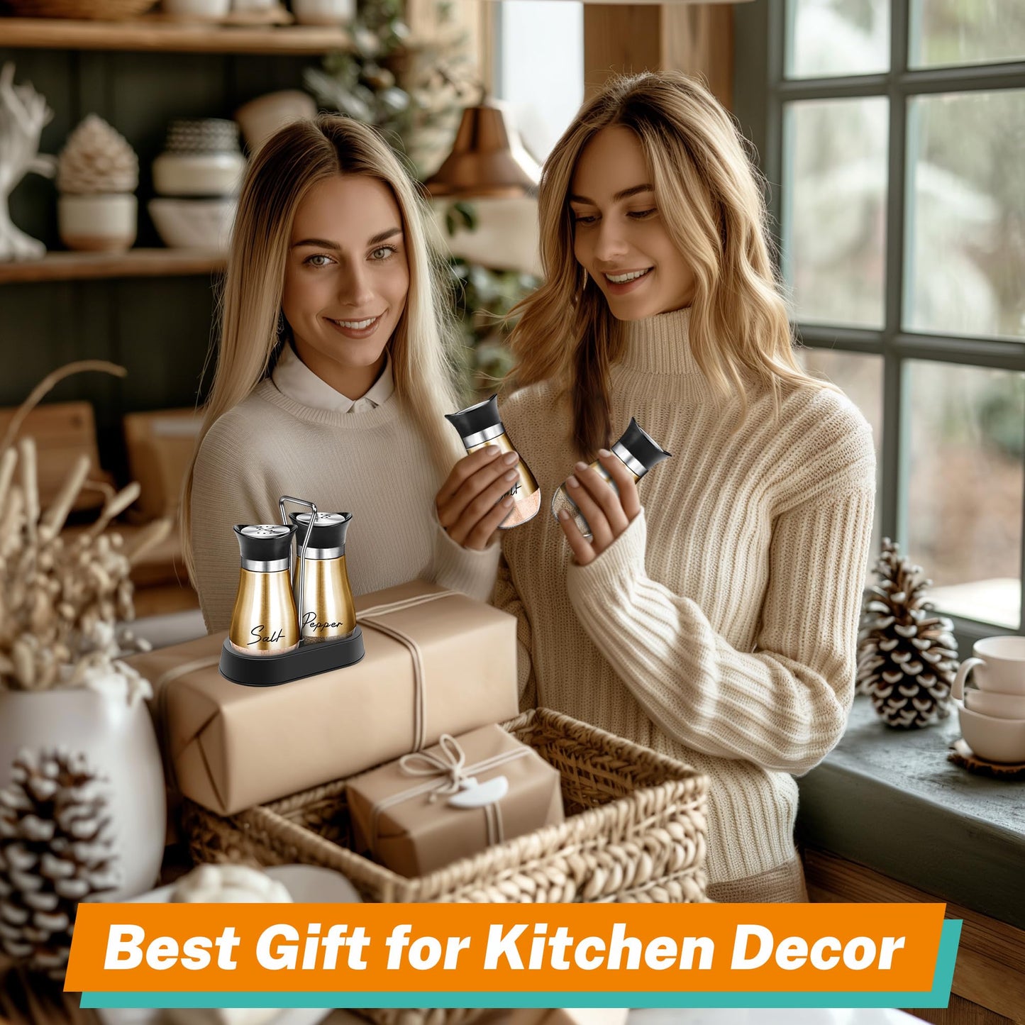 Copper Salt and Pepper Shakers Set with Holder,4 oz Modern Farmhouse Kitchen Decor and Accessories for Restaurant, Wedding, Housewarming Gifts Refillable Design (Copper)
