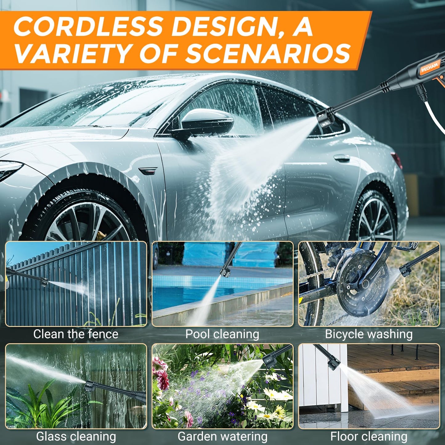 PECHAM Cordless Pressure Washer, 6 in 1 Portable Power Washer, 4.0Ah Battery Pressure Washer, 3 Adjustable Modes with 5M Antifreeze Hose for Washing Cars/Floor/Garden Cleaning & Watering